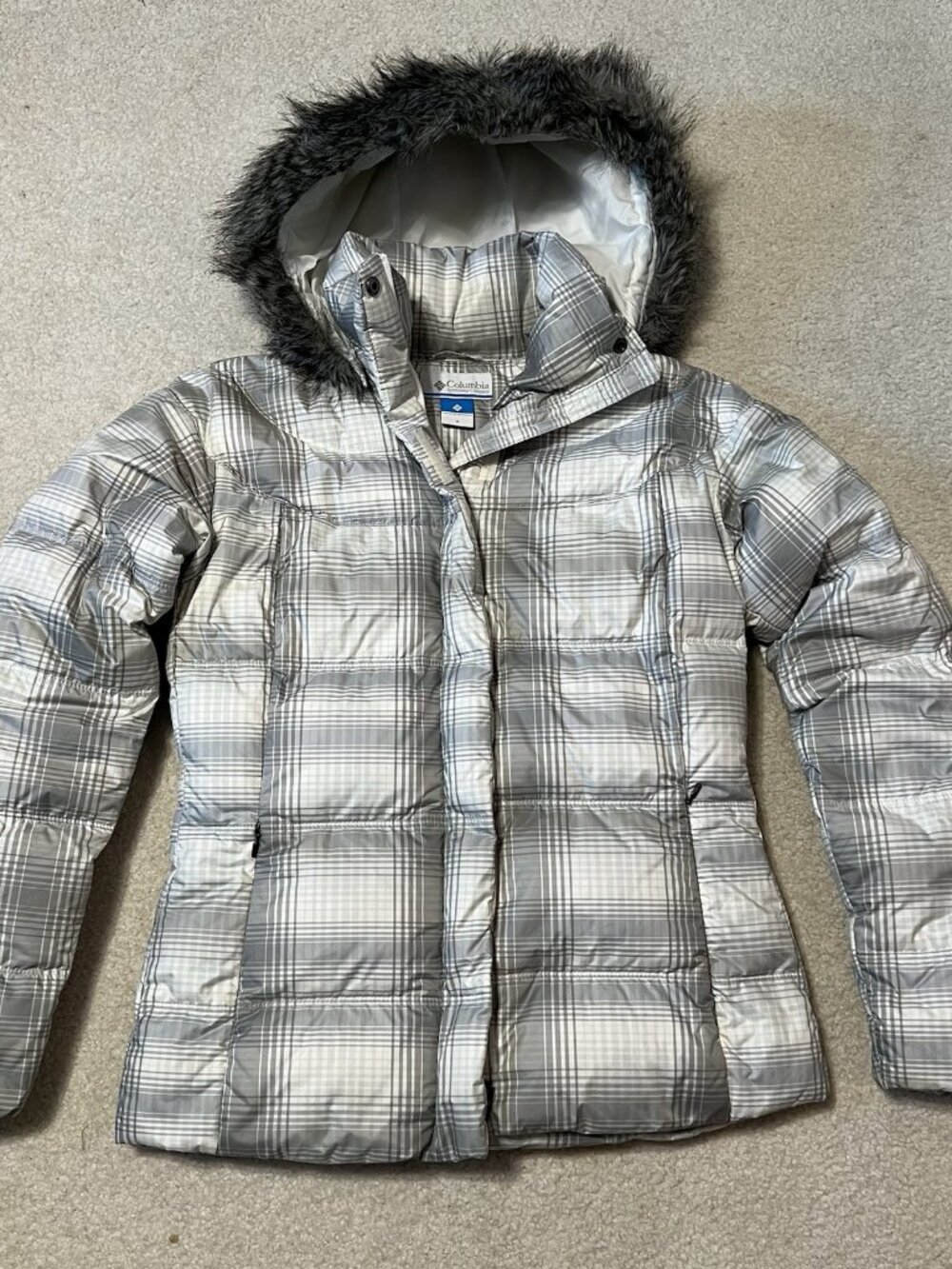 Columbia Womens Small Jacket Gray Plaid Mercury Maven II Down Puffer Hooded Coat